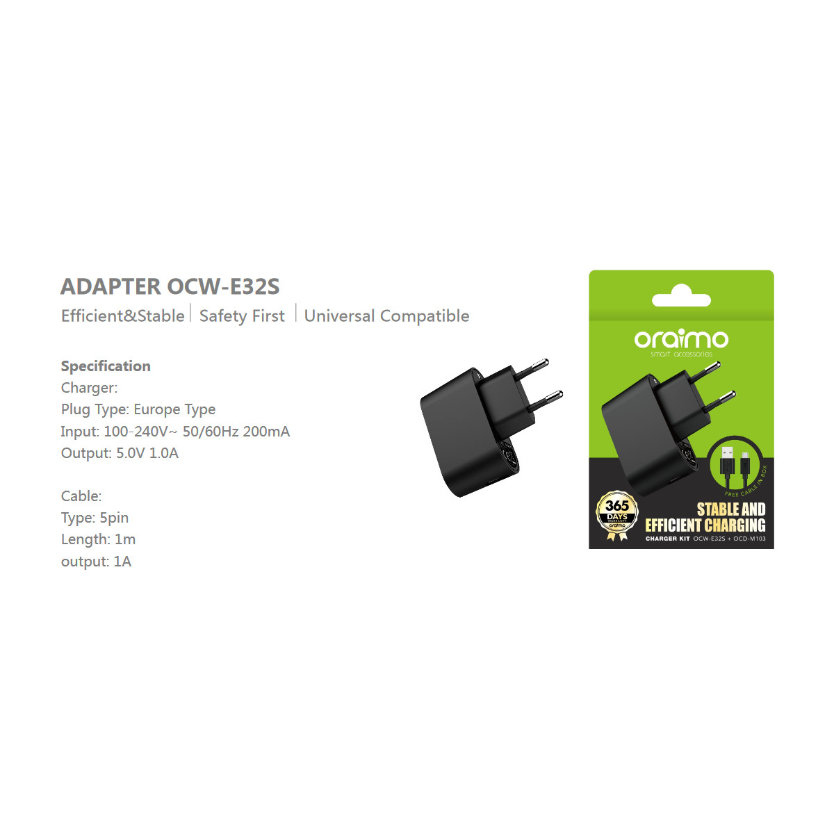 Oraimo Adapter OCW-E32S Charger With Cable