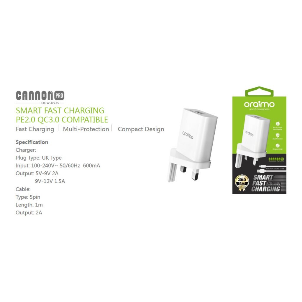Oraimo Cannon Pro OCW-U93S Fast UK Type Charger