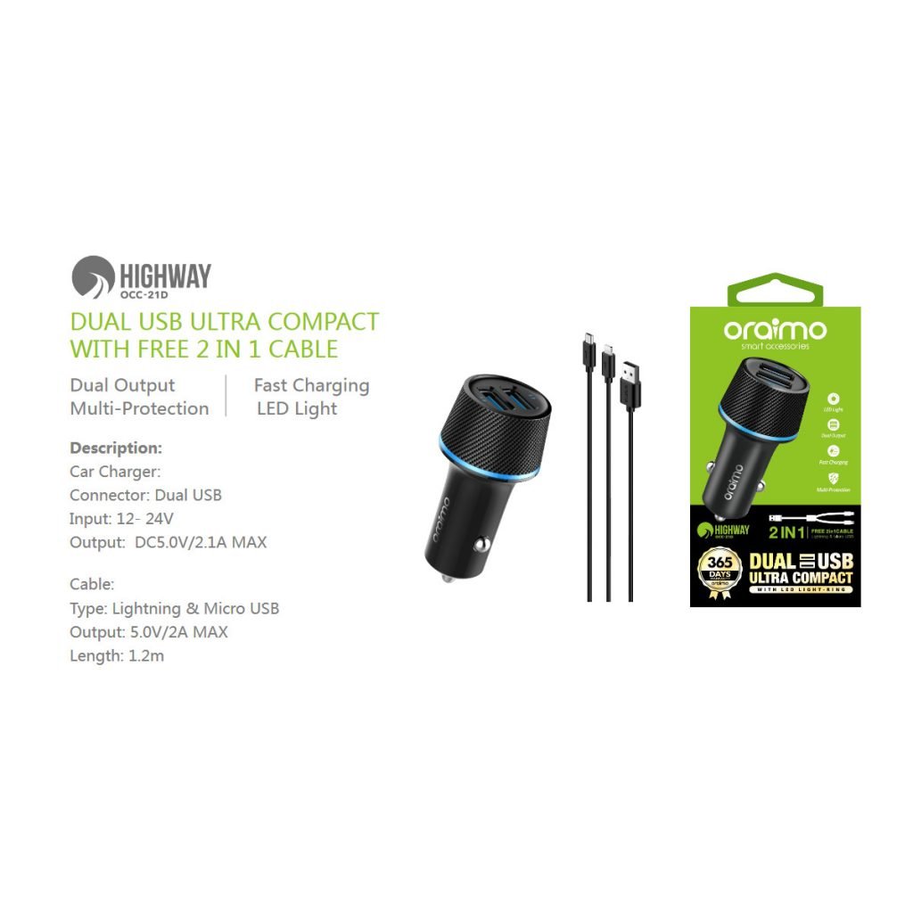 Oraimo Highway OCC-21D Lightning & Micro USB 2 in 1 Cable Fast Car Charger
