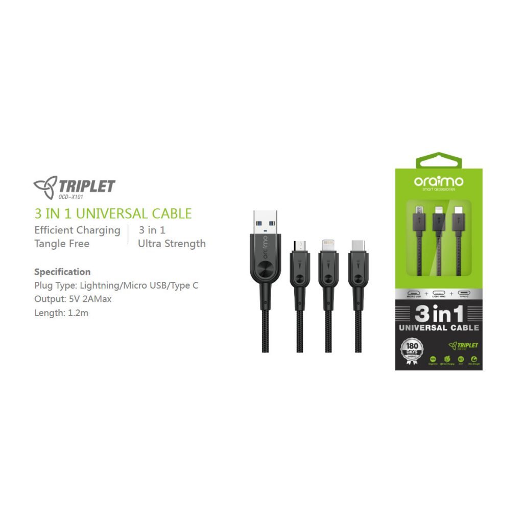Oraimo Triplet OCD-X101 3 in 1 Universal Micro USB & Type C & Lightning Cable