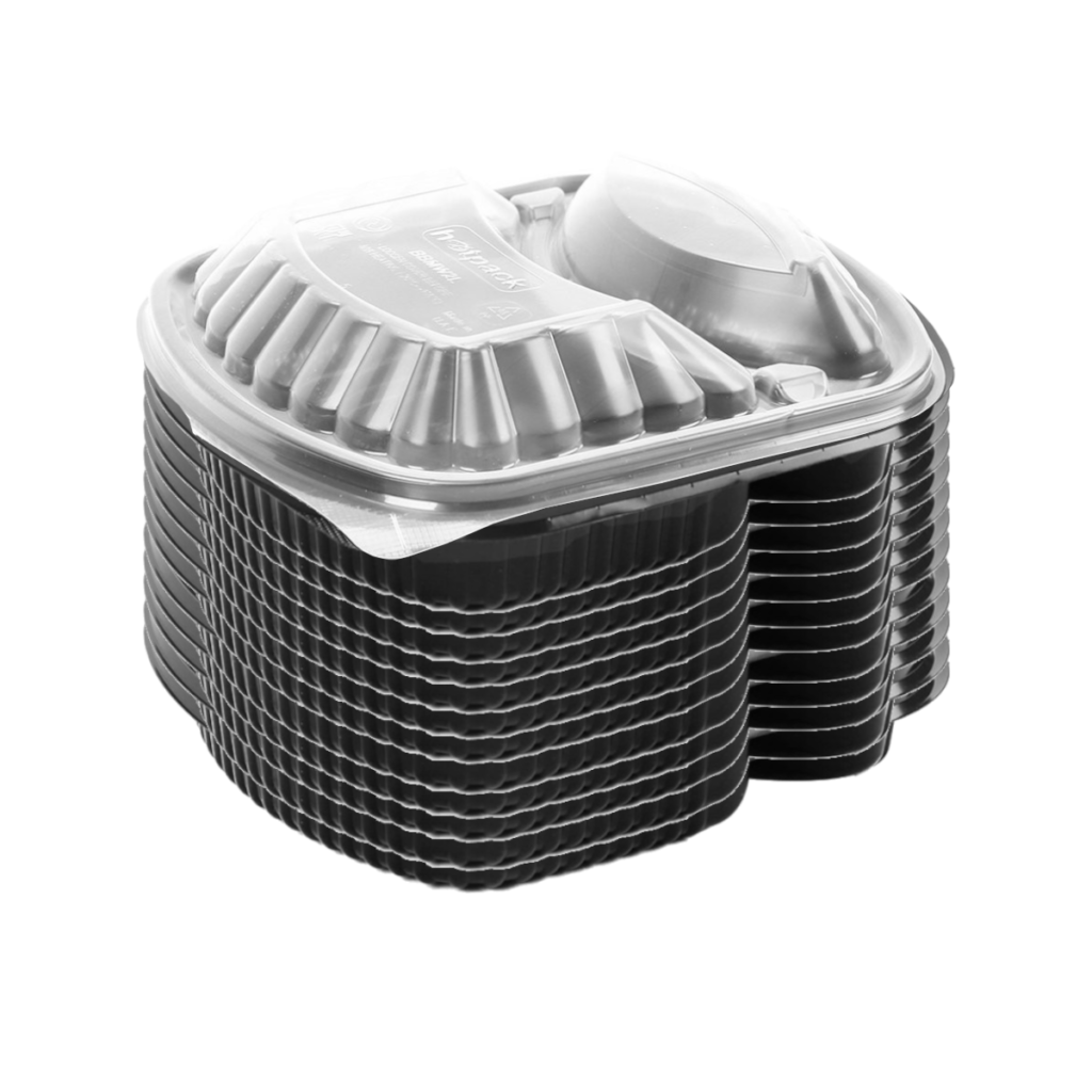 2 Compartment Wide Disposable Plastic Food Container With Lid x 12