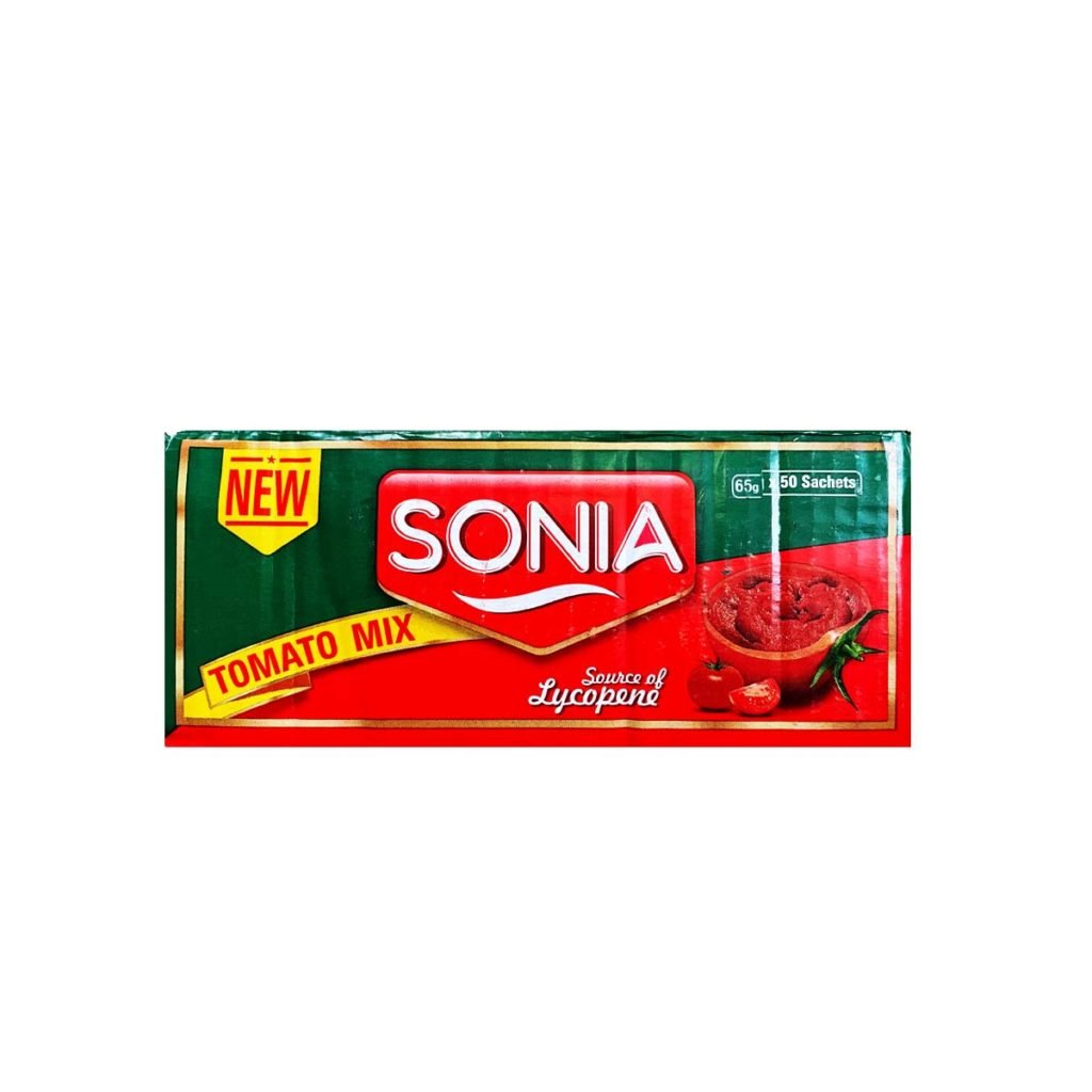 Sonia Tomato Mix Sachet Sonia Tomato Mix contains tomato, soya fibers and thickening agent for a better meal. Sonia concentrated tomato mix has been produced from the finest tomatoes. It adds nutrients, color, aroma, and taste to your food, transforming into a healthy and delicious meal. Quantity: 50 Sachets per Carton Weight: 65g per Sachet